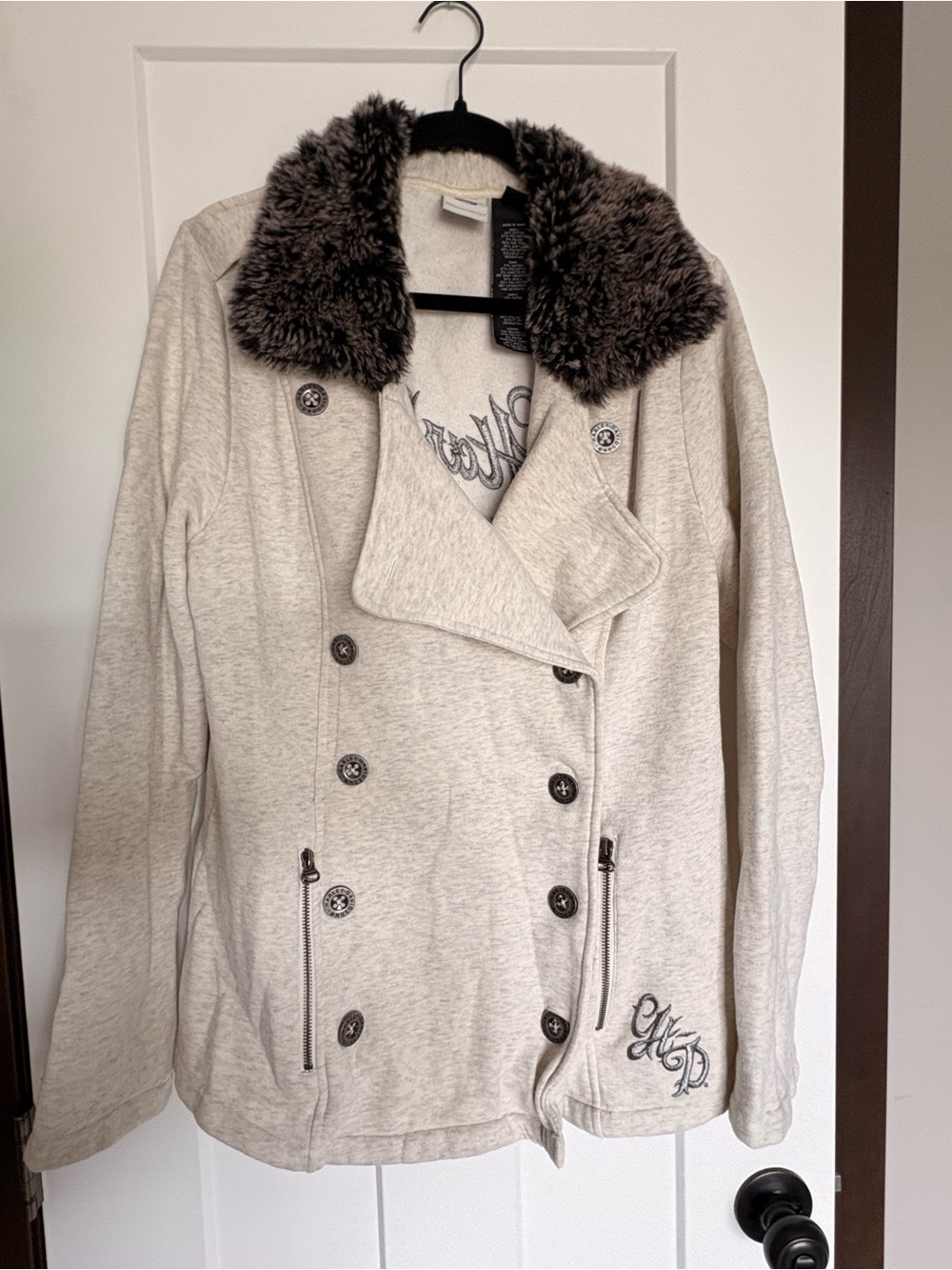 Harley-Davidson Cream Double-Breasted Pea Coat with Dark Faux Fur Collar
